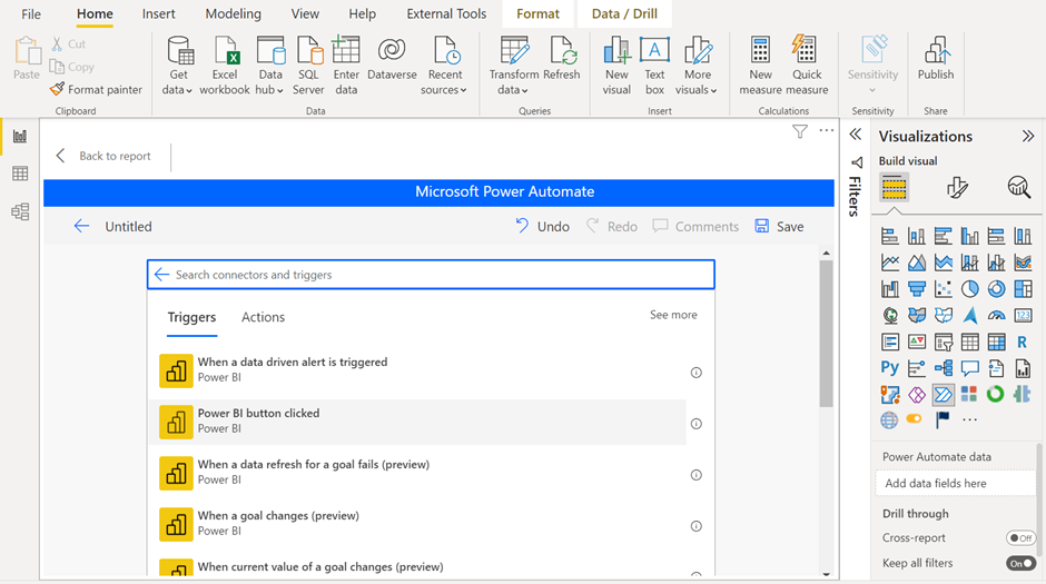 Search for Power BI connector and then choose trigger as Power BI button clicked 2