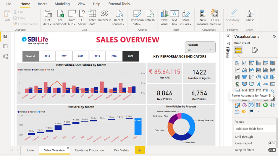 Create your report on the Power BI desktop and import power automate visual onto the page