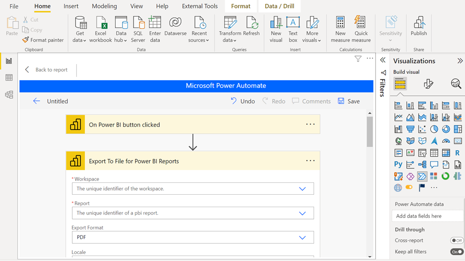 Click on New Step and search for Power BI as a connector and Export to file for Power BI reports as an action