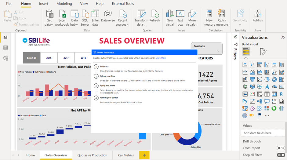 Create your report on the Power BI desktop and import power automate visual onto the page 2